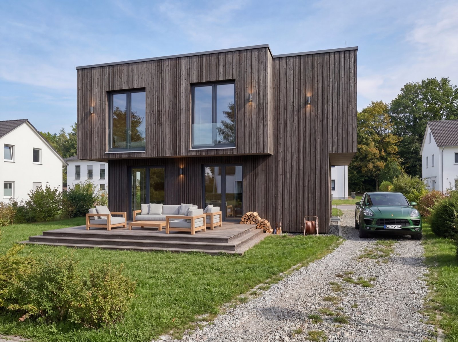 Holzhaus mit dunkler Fassade und Terrasse im Garten