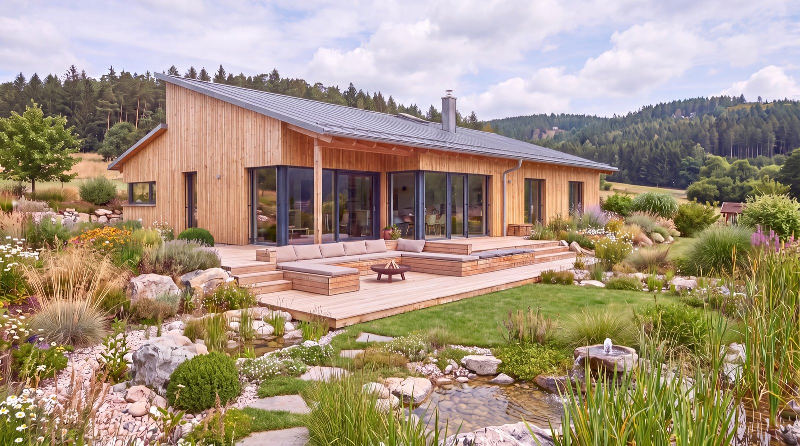KI-Visualisierung: Holzhaus mit Lärchenfassade und großer Glasfront am Hang, Terrasse mit Sitzgruppe