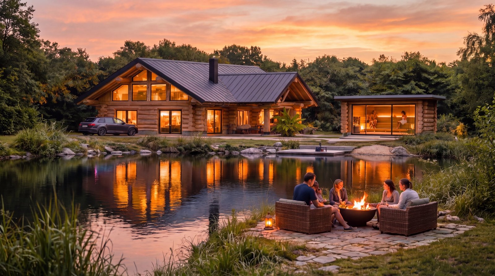 Blockhaus am See bei Abendstimmung mit beleuchteten Fenstern